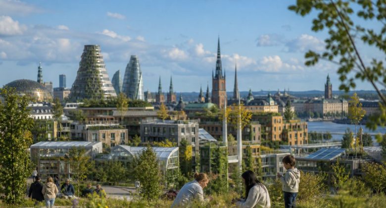 Framtidens hållbara Stockholm med gröna parker och moderna byggnader