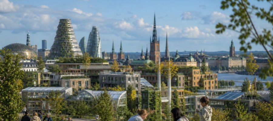 Framtidens hållbara Stockholm med gröna parker och moderna byggnader
